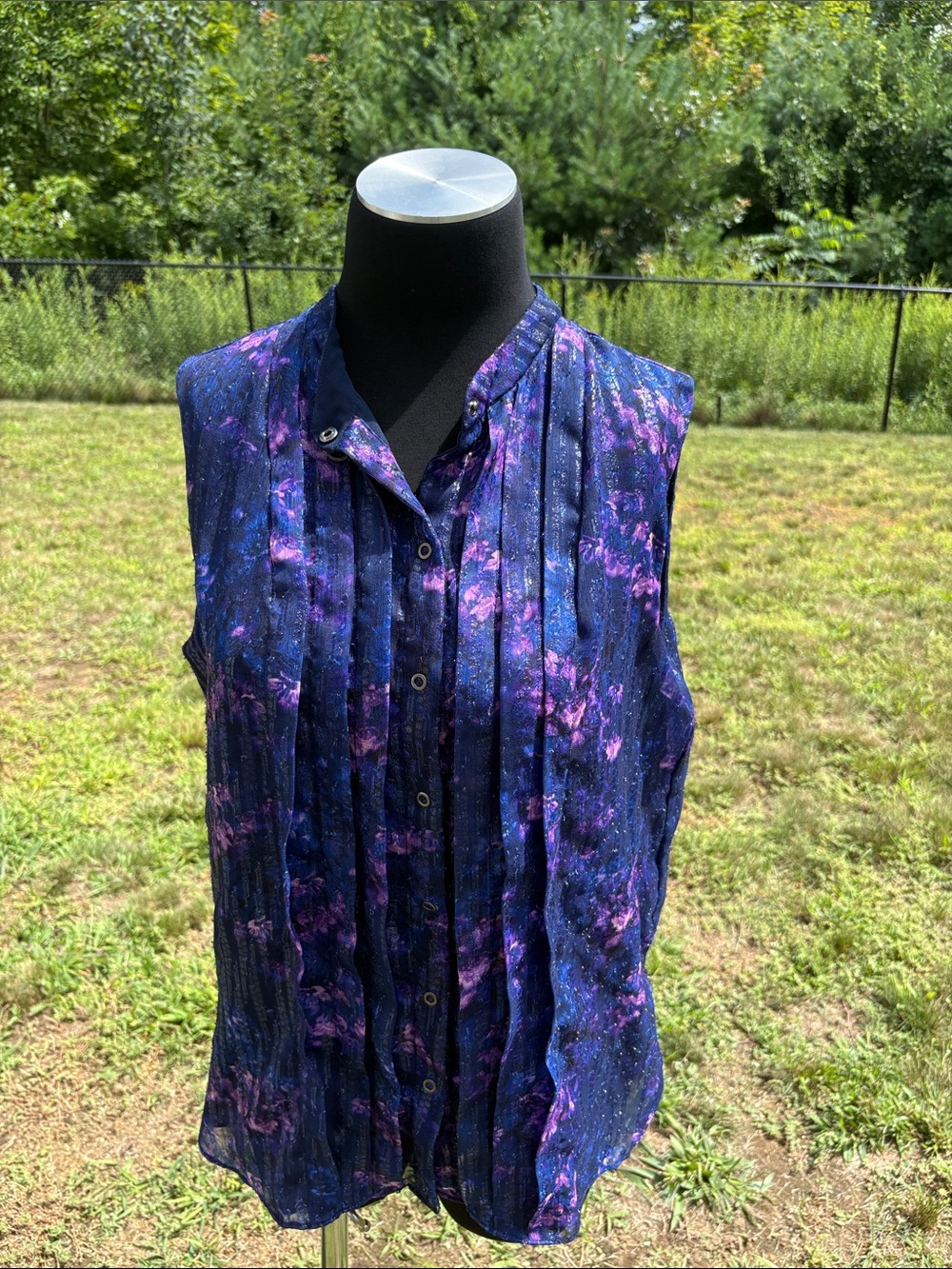 Tahari Navy and Purple Pintuck Sleeveless Blouse